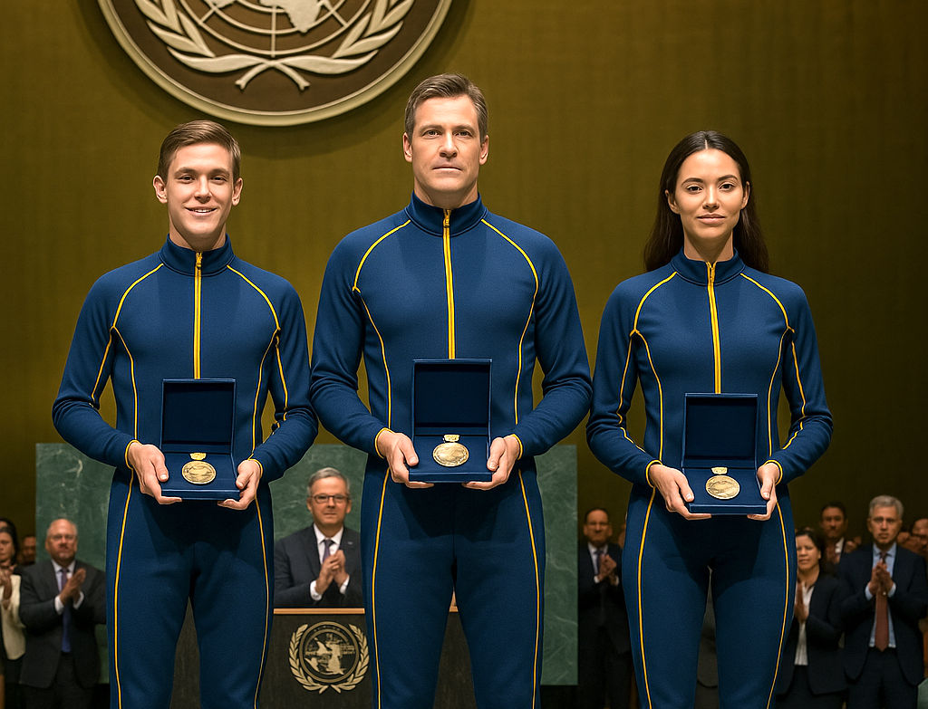 Dan Hawk, John Storm and Patricia Leopard accept their United Nation's special service medals in Ney York